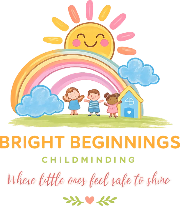 Bright Beginnings Childminding logo: a smiling sun over a rainbow with three children and a little house. Where little ones feel safe to shine.