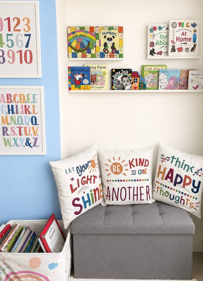 The cosy reading corner with picture books on shelves and cushions on a bench