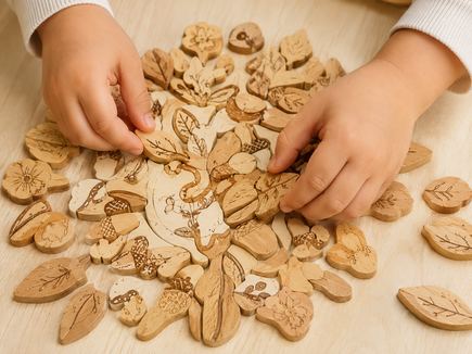 A child's hands working on a wooden leaf puzzle